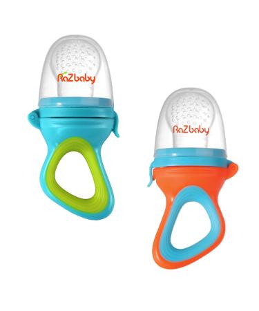RaZbaby Baby Solids/Frozen Fruit Feeder Pacifier, Infant Teether Toy 6M+, BPA-Free Silicone Pouch & Nipple, Safely Introduce Solids, Teething Relief, Dishwasher Safe, 2-Pack  Orange/Blue + Green/Blue 2-Pack Blue/ Orange