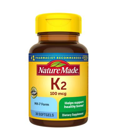 Vitamin K2 100 mcg Softgels, 30 Count for Bone Health 30 Count (Pack of 1)