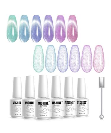 Vishine Cat Eye Holographic Glitter Gel Nail Polish Set Soak Off UV LED Light Starry Sky Effect Magic Gel Nail Polish Kit Manicure Nail Art Kit 6 Colors with Free Magnet 8ml 6 Color Set - 8ml