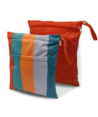 Wet Dry Bags for Diaper Bag - 2 Pack Washable Waterproof Reusable Pouch with Zipper Pocket for Cloth Diapers, Swimsuits, Pool, Beach, Dirty Clothes, Travel, Gym, Yoga Baby Stroller, Breast Pump Parts Orange
