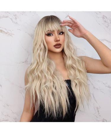 ORSUNCER Long Curly Wavy Synthetic Hair Wigs with Bangs for Women Ombre Cool Brown to Light Blonde Wig Long Heat Resistant Hair Wigs for Daily Party Wig 26 Inches Light Golden Mix Blonde