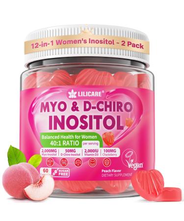 Inositol Gummies for Women + Chasteberry, Myo-Inositol & D-Chiro Inositol 2000mg + 50mg Ideal 40:1 Ratio with Methylated B12 & Folate, Choline, Magnesium, Vitamin D3 for Overall Health, Pack of 2 60 Count (Pack of 2)