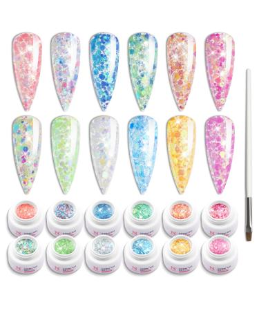 Noirwhite Glitter Gel Nail Polish Set -12 Colors Sparkle Aurora Sequins Gel Polish Resplendent Neon Colorful Trendy Translucent Glitter Solid Nail Polish Kit Pink Gold White Blue Green Soak Off UV LED Solid Gel Nail Poli...