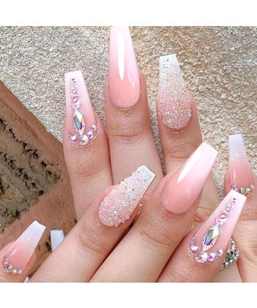 Leuhiove Glitter Gradient Pink Ballerina Press on Nails - Luxurious Crystal Gem Design for Women and Girls - Buy Online on GoSupps.com