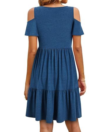 Women's Summer Floral Cold Shoulder T-Shirt Dress with Pocket - Blue Medium - Buy Online on GoSupps.com