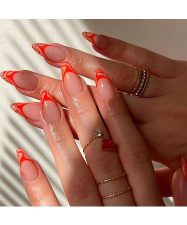 JUSTOTRY 24 Pcs Stiletto Press on Nails Short Dark Orange French False Nails Patterns Wavy Fake Nails Short with Nail Glue Almond Stick on Nails for Women Nails Fake Nail for Nails Art Orange2