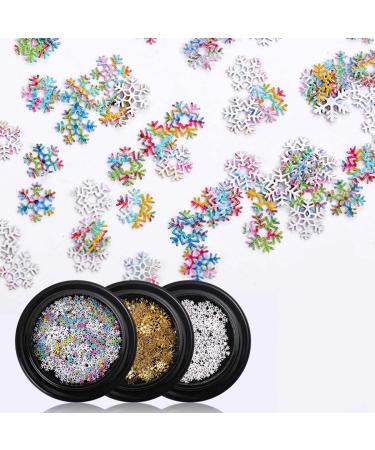 Sethexy 3D Christmas Snowflake Nail art Accessories Gold Metal Studs DIY Sequins Glitter Alloy for Art Nails Design(3 Boxes)