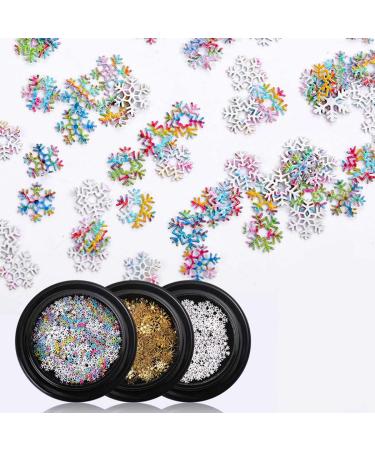 Sethexy 3D Christmas Snowflake Nail Art Accessories Gold Metal Bolt Diy sequins Funkel alloy for art nails design (3 boxes)