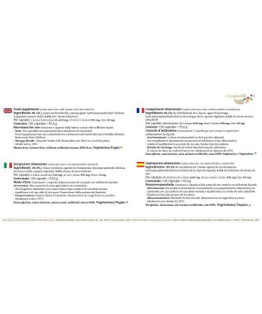 Vita World L-Lysine 600mg + Zinc 120 Vegetarian Capsules - Made in Germany | Premium Quality - Buy Online on GoSupps.com