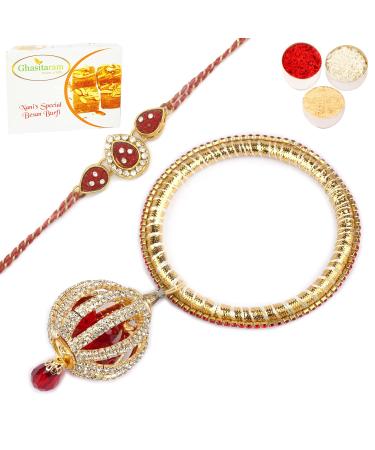 Ghasitaram Gifts Rakhis Online - Rakhi for Brother- RM-155 Bhaiya Bhabhi Rakhi with 400 GMS of Besan Barfi Rakhi Set with 400 gms of Besan Barfi