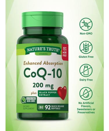 Buy Nature's Truth CoQ10 200 mg Softgels - Enhanced Absorption with Black Pepper Extract | 92 Count | Non-GMO & Gluten Free Supplement for Optimal Health - Buy Online on GoSupps.com