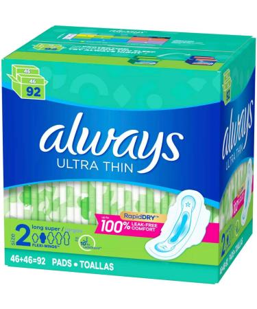 Always Ultra Thin Pads Size 2 Super Long Absorbency Unscented with Wings - 92 ct - Buy Online on GoSupps.com