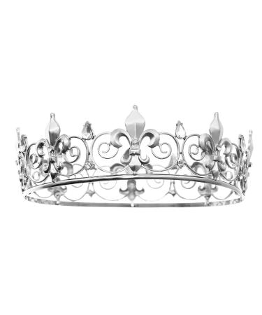 FORSEVEN Full Round King Crown- Metal Rhinestone Crowns and Tiaras for Women and Men Party Prom (HG340 Silver)