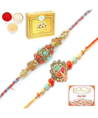 Ghasitaram Gifts Rakhi for Brother Rakhis Online - Set of 2 Beautiful Colours and Blue Ethnic Premium Rakhis with 200 GMS of Kaju katli and 200 GMS of Soan Papdi