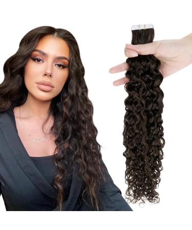 RUNATURE Wavy Tape in Hair Extensions Human Hair Brown Tape in Extensions Natural Wavy Tape in Human Hair Extensions Curly Tape Extensions 22 Inch 50 Gram 22 Inch 2-Tape #2-NW