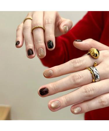 Mouyouglow press on nails short squoval black nude single color cat eye glossy fake nails artificial nails with nail glue black natural magnetic artificial fingernails Q31