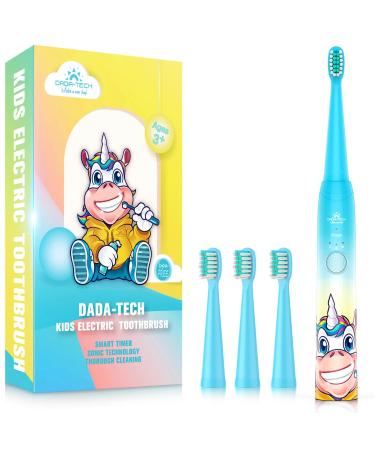 Dada-Tech Kids Electric Toothbrush Rechargeable Soft Unicorn Tooth Brush with Timer Powered by Sonic Technology for Children Boys and Girls Age 3+ Waterproof for Shower and 3 Modes (Blue) Blue 1 count (Pack of 1)