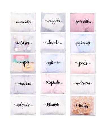 15 Packs Hospital Bags for Labor and Delivery 11.02 x 13.78 Inch Diaper Bag Organizing Pouches Resealable Maternity Hospital Bag Essentials Frosted Clear Plastic Bags for Packaging Baby Mom Product Black Letter