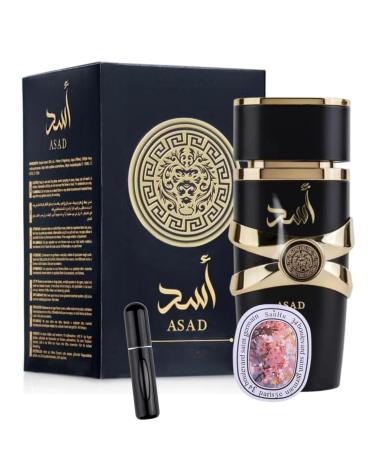 Bundle of Lattafa Perfumes Asad 3.4oz Eau De Perfume with 1 Travel Refillable Bottle(5ML) & 1 Scented Car Freshener Card