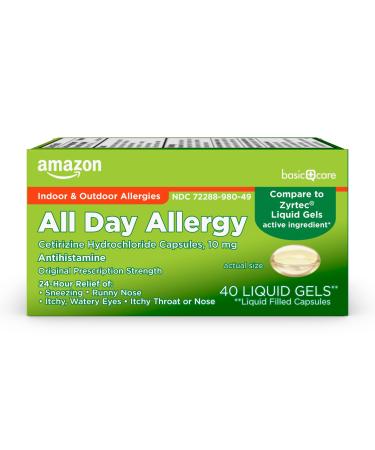 Amazon Basic Care All Day Allergy Medicine Cetirizine Hydrochloride Capsules 10 mg 24 Hour Allergy Liquid Gels Antihistamine 40 Count