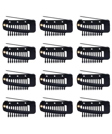 12pcs Wig Clip with Safety Pins 10-Teeth Hair Extension Snap Clips Invisible Strong Wig Combs to Secure Wig No Sew Chunni Grip Dupatta Clips for Girls Women Wig Headscarf Hijab & Tikka(Black)