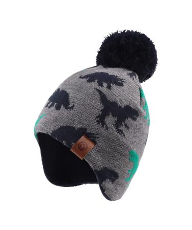 XIAOHAWANG Knitted Baby Hat Winter Warm Boys Girls Beanie Fleece Lining Toddler Kids Hat with Pompom 9-24 Months Gray Dinosaur Hat
