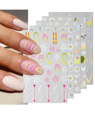 JMEOWIO 6 Sheets Daisy Flower Nail Art Stickers Decals Self-Adhesive Spring Summer Floral Nail Supplies Nail Art Design Decoration Accessories