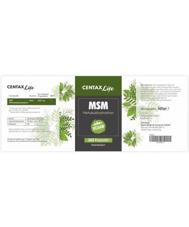 Centax Life MSM Capsules - High Dose Vegan 1600 mg for Bones & Joints | Pure Methylsulfonylmethane No Additives 365 Count - Buy Online on GoSupps.com