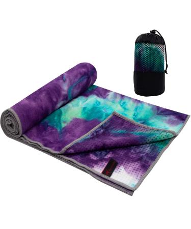 Yoga Towel - Tie-Die Textures Non-Slip Yoga Towel with Bag - Odorless and 100% Absorbent Microfiber Sweat Towel - Yoga Towel Mat for Hot Yoga, Bikram and Pilates - 24''x72'' Hot Yoga Towel Green Purple