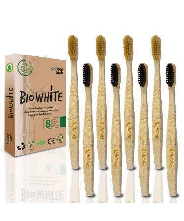 Biowhite Bamboo Toothbrushes Soft Bristle Brushes BPA Free and Activated Carbon Set of Natural and Eco-Friendly Biodegradable and Compostable Bamboo Toothbrushes (8 Brushes)