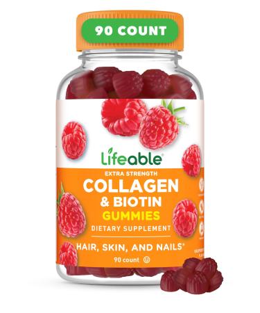 Lifeable Collagen Peptides Gummies 100mg | with 10000mcg Biotin | Great Tasting Biotin and Collagen Supplements | for Hair Skin and Nails | Collagen Gummies for Women Men Adults | 90 Gummies