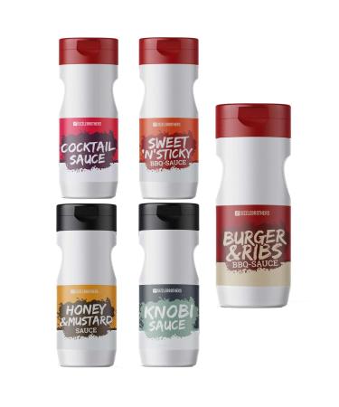 Sizzlebrothers Grillsaucen Set 5 Sauces (250ml) | Cocktail Honey Mustard BBQ Knobi Sweet 'N' Sticky | Perfect for Grilling Dipping & Dressing - Buy Online on GoSupps.com
