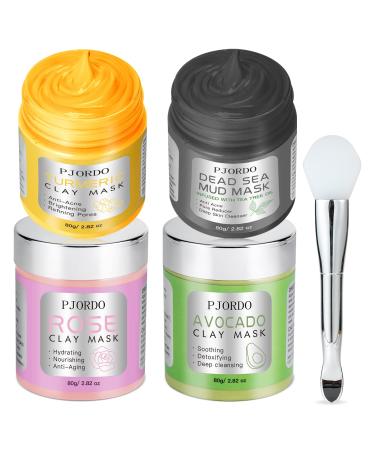 Pjordo 4 Pcs Clay Mask Set  Turmeric Vitamin C Clay Mask  Dead Sea Mud Mask  Avocado Clay Mask  Rose Clay Mask  Face Mask Skin Care Set  Self Care Gifts for Women  2.82 Oz Each