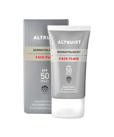 Altruist Dermatologist Sunscreen Fluid SPF Superior 5star UVA face protection by Dr Andrew Birnie premium antioxidant White Unscented 50 millilitre Face Fluid SPF50