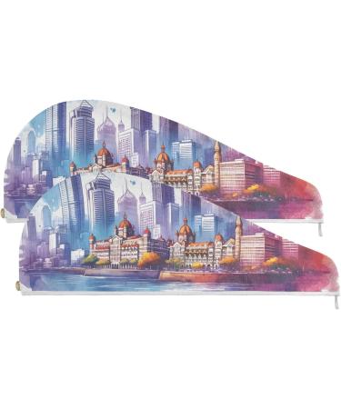 Buy Mumbai Skyline Watercolor Hair Towel 2 Pack | Super Absorbent Quick Dry Turbans for Women & Girls - International Shipping - Buy Online on GoSupps.com