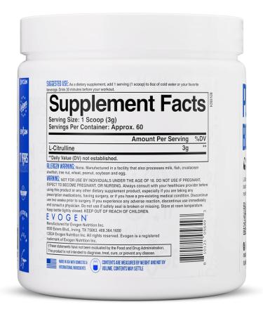 Evogen L-Citrulline Powder - Nitric Oxide Booster | Nitric Oxide Production Promotes Blood Flow & Endurance | 60 Servings - Buy Online on GoSupps.com