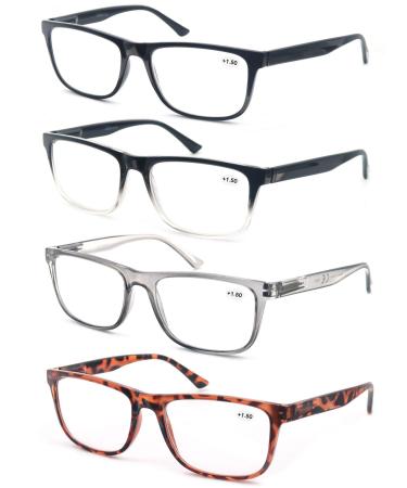 OLOMEE Reading Glasses 2.0 Oversize Large Square Men Readers 4 Pack,Comfort Lightweight Eyeglasses Flexible Spring Hinge 4 Mix Color 2.0 x