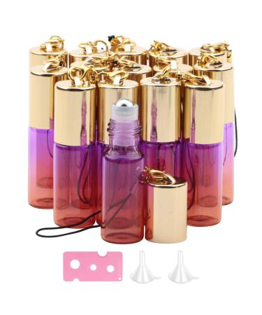 Rowiz 15PCS 5ml Purple-Orange Gradient Color Glass Roll on Bottles UV Protection Empty Sample Vial Essential Oil Glass Bottles with Stainless Steel Roller Balls and Golden Screwcap with Buckle