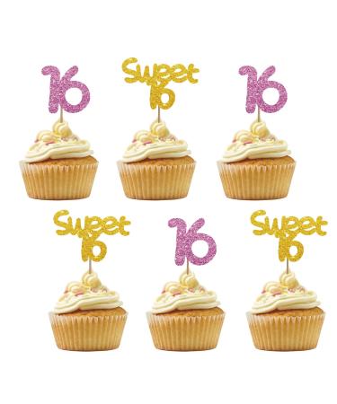Set of 24 Sweet 16 Cupcake Toppers Pink&Gold Glitter Sweet Sixteen Cupcake Toppers for Girl Number 16 Cake Decorations for 16th Birthday/Anniversary Party Supplies