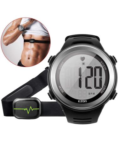 EZON Heart Rate Monitor Digital Sports Watch for Outdoor Running with Chest Strap, Heart Rate Alarm, Stopwatch,Daily Alarm and Calendar Steel Silver