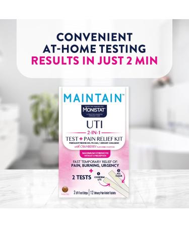 Monistat Maintain UTI 2-in-1 Test & Pain Relief Kit, 2 Test Strips & 12 Urinary Pain Relief Tablets, 2 Minute Results and Maximum Strength Pain, Burning and Urgency Relief - Buy Online on GoSupps.com