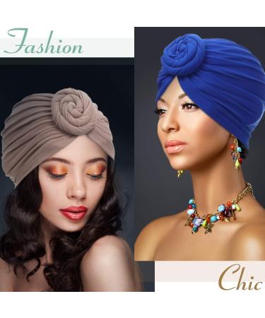 SATINIOR Women African Turban Flower Knot Pre-Tied Bonnet Beanie Cap Headwrap Set - 6 Pieces (Black, Royal-blue, Gray, Camel, Purple, Green) - Buy Online on GoSupps.com