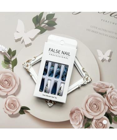 Coffin Press on Nails: Long Navy Blue Rhinestone False Nails with Glue - Full Cover Acrylic Gradient Designs for Women - Buy Online on GoSupps.com