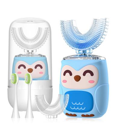 Kids Electric U Shaped Toothbrush Kids Sonic Toothbrush with 4 Soft Brush Head Automatic Toothbrush Rechargeable 6 Cleaning Modes 360 Degree Cleaning-(Age2-7 Blue) Baby Blue