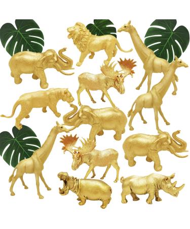 Metallic Gold Plastic Animal Figurines Toys, 12PCS Jumbo Safari Zoo Animal Figures, Jungle Wild Animals with Elephant, Lion, Giraffe for Baby Shower Decor, Safari Themed Birthday Party Metallic Gold Animals