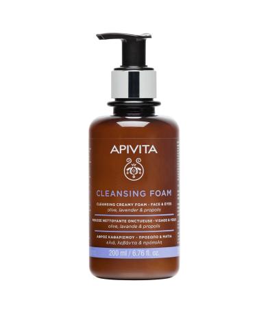 APIVITA Creamy Cleansing Foam with Lavender Olive & Propolis 6.76 fl.oz. | Natural Foam Cleanser for Face & Eyes to Remove Make-up and Impurities | Hydrating Moisturizing & Nourishing Creamy Foam