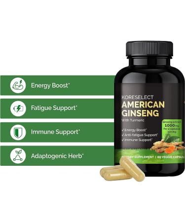 KORESELECT American Ginseng Capsules - 1000mg Extract for Pre Workout Energy & Immune Support with Turmeric - 60 Capsules - Buy Online on GoSupps.com