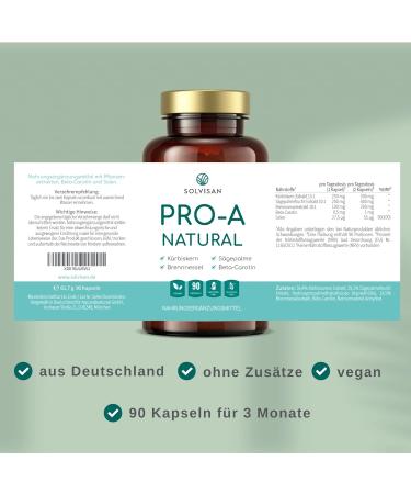 Solvisan Pro-A Natural - 500mg Pumpkin Seed 400mg Saw Palmetto 200mg Nettle Extract Selenium & Beta-Carotene - 90 Capsules for Optimal Health | International Shipping Available - Buy Online on GoSupps.com