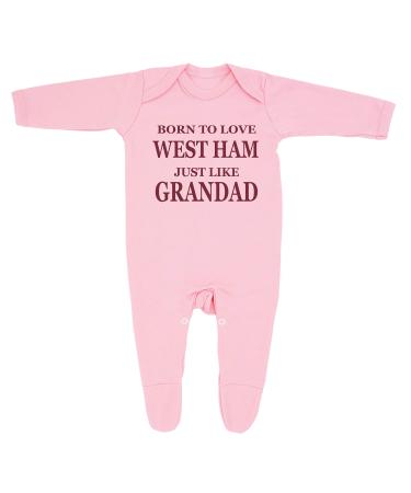 'Born To Love West Ham Just Like Grandad' Baby Boy Girl Sleepsuit Designed and Printed in the UK Using 100% Fine Combed Cotton 0-3 Months Pink