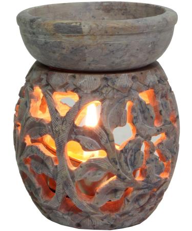 GURU Shop Indian fragrance lamp essential oil diffuser tealight holder for aromatherapy aroma lamp made of spill stone - round flower tendril 1 cream white 8x6x6 cm fragrance lamps & oil lamps